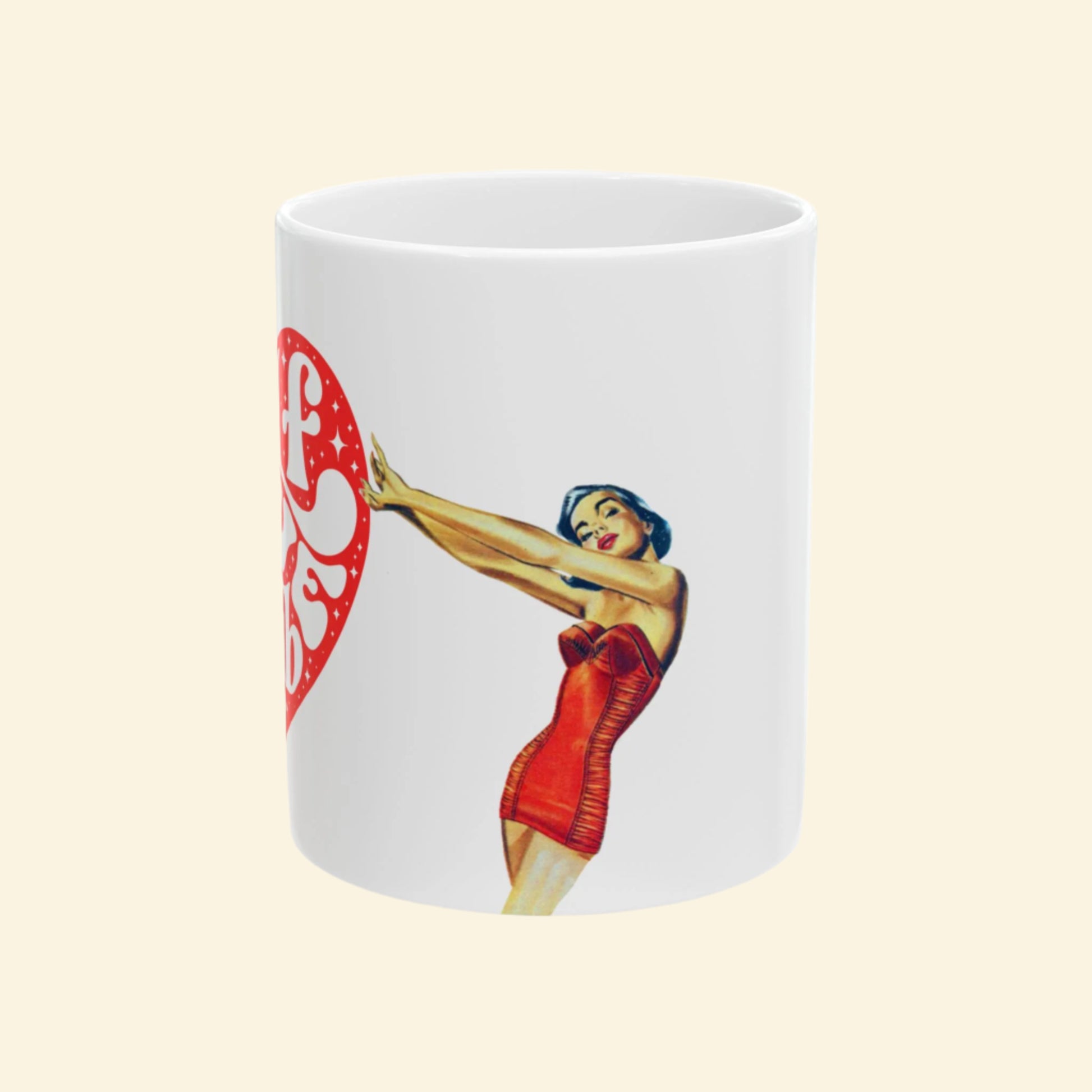 Retro Love Heart Ceramic Mug, Vintage Style Coffee Cup, Valentine's Gift, Cute Kitchen Décor, Pin-Up Art