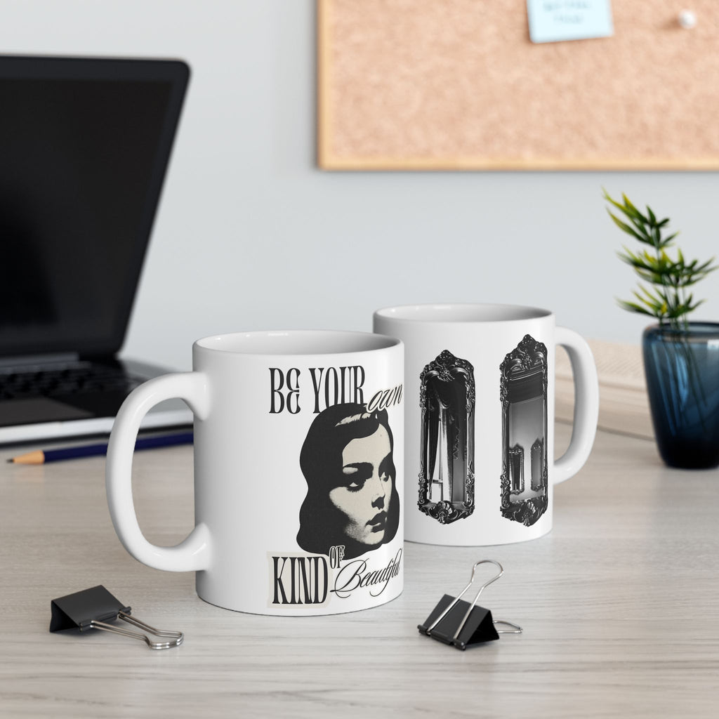 Elegant Black and White Ceramic Mug - Kindness & Beauty Design