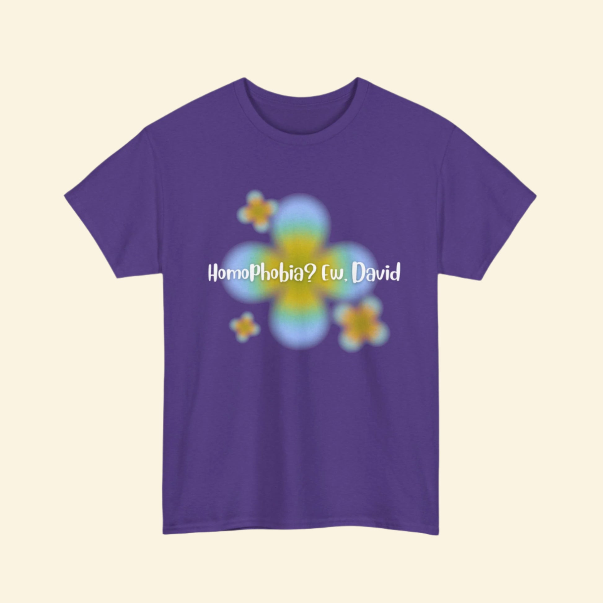 LGBTQ+ Humor Tee, "Homophobia? Ew David", Vibrant Unisex Heavy Cotton Tee