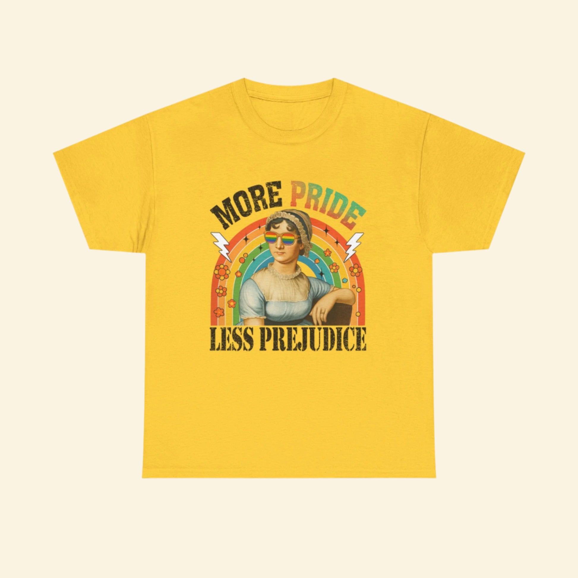 Pride T-Shirt, "More Pride Less Prejudice" Unisex Heavy Cotton Tee with Rainbow Design