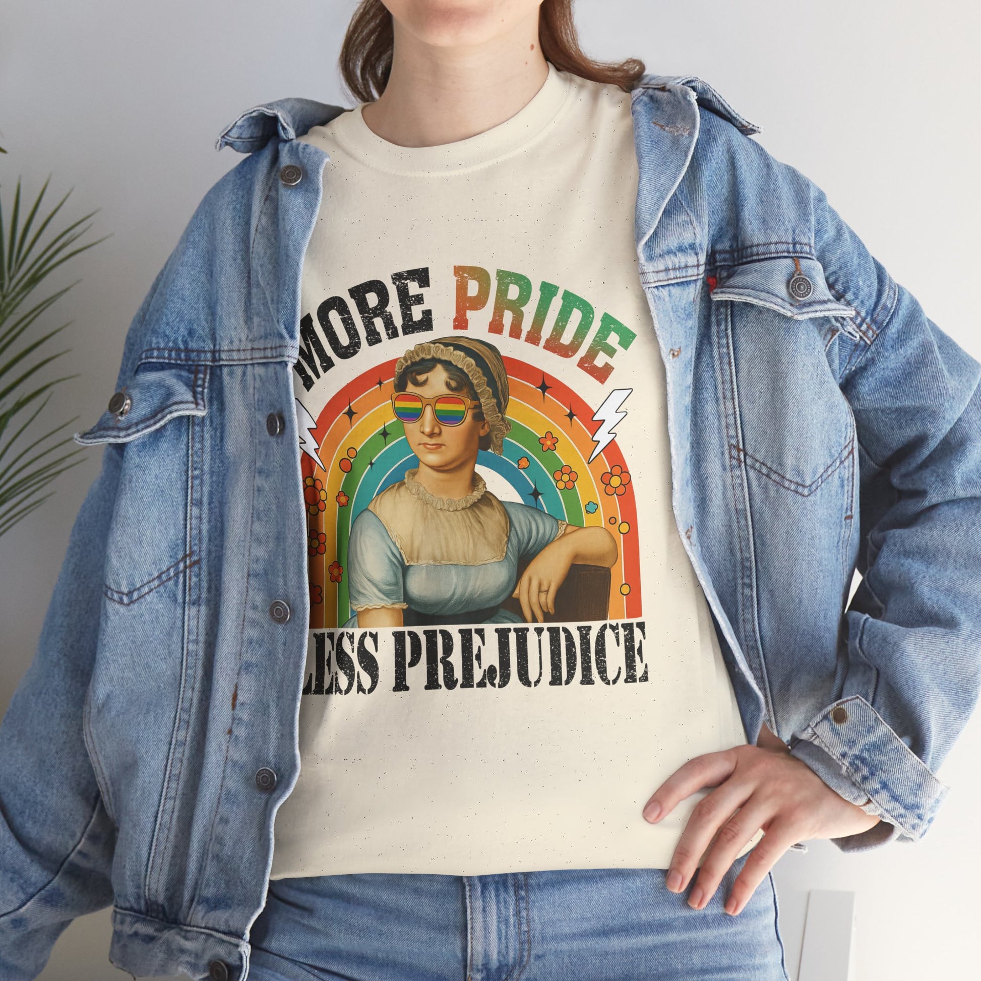 Pride T-Shirt, "More Pride Less Prejudice" Unisex Heavy Cotton Tee with Rainbow Design