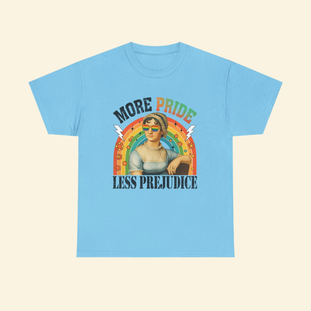 Pride T-Shirt, "More Pride Less Prejudice" Unisex Heavy Cotton Tee with Rainbow Design