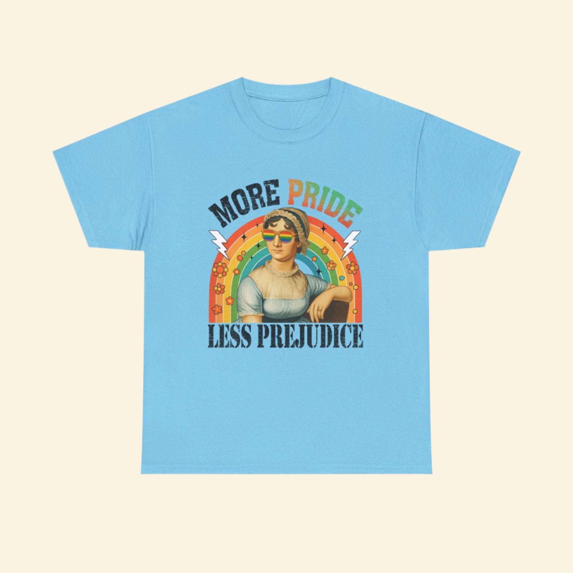 Pride T-Shirt, "More Pride Less Prejudice" Unisex Heavy Cotton Tee with Rainbow Design