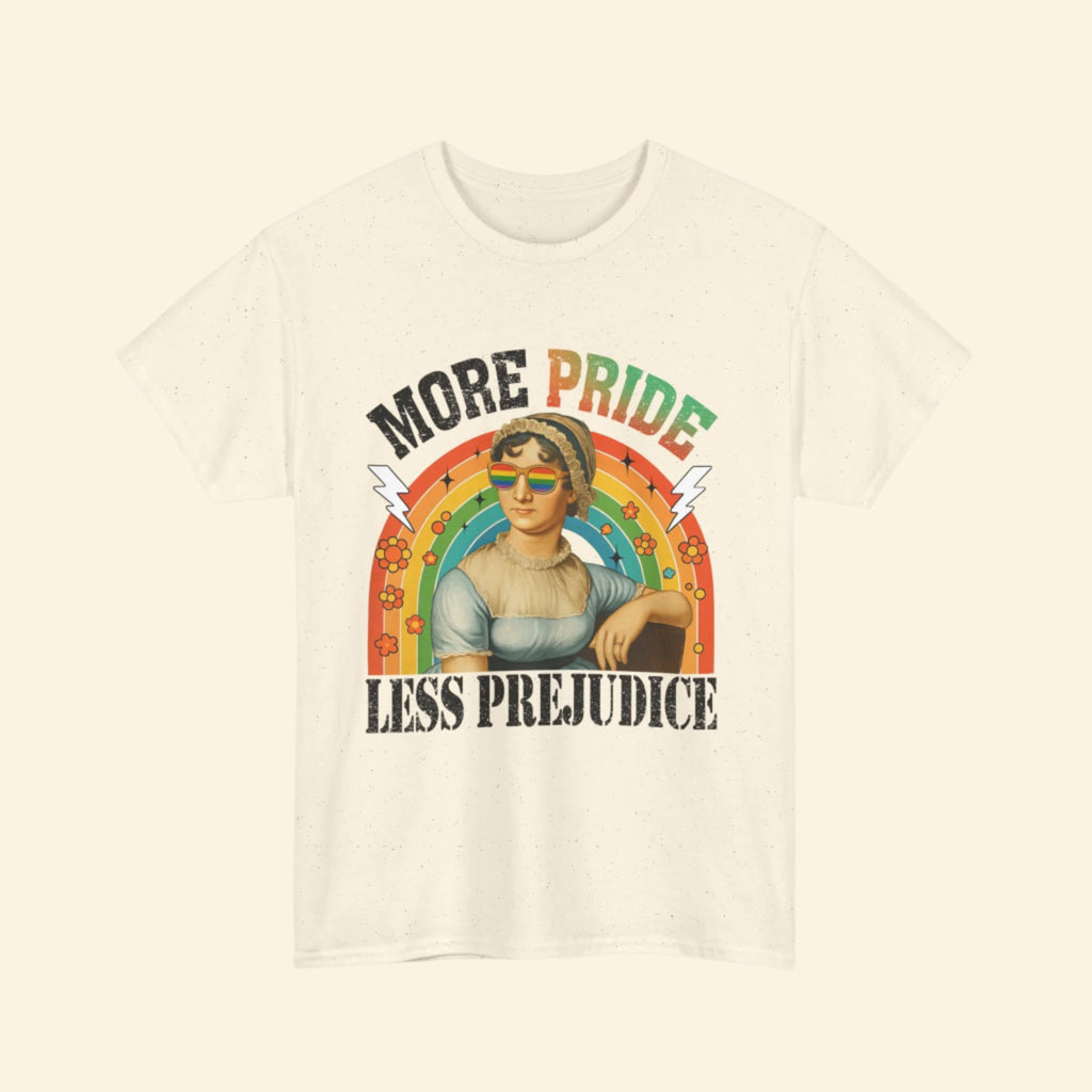 Pride T-Shirt, "More Pride Less Prejudice" Unisex Heavy Cotton Tee with Rainbow Design