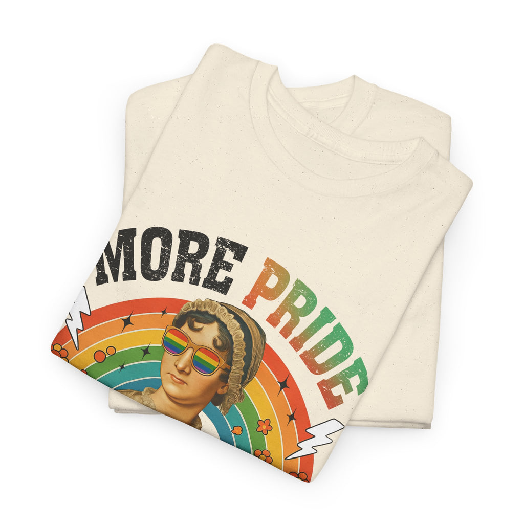 Pride T-Shirt, "More Pride Less Prejudice" Unisex Heavy Cotton Tee with Rainbow Design