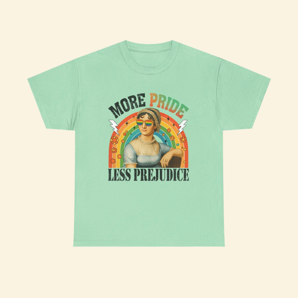 Pride T-Shirt, "More Pride Less Prejudice" Unisex Heavy Cotton Tee with Rainbow Design
