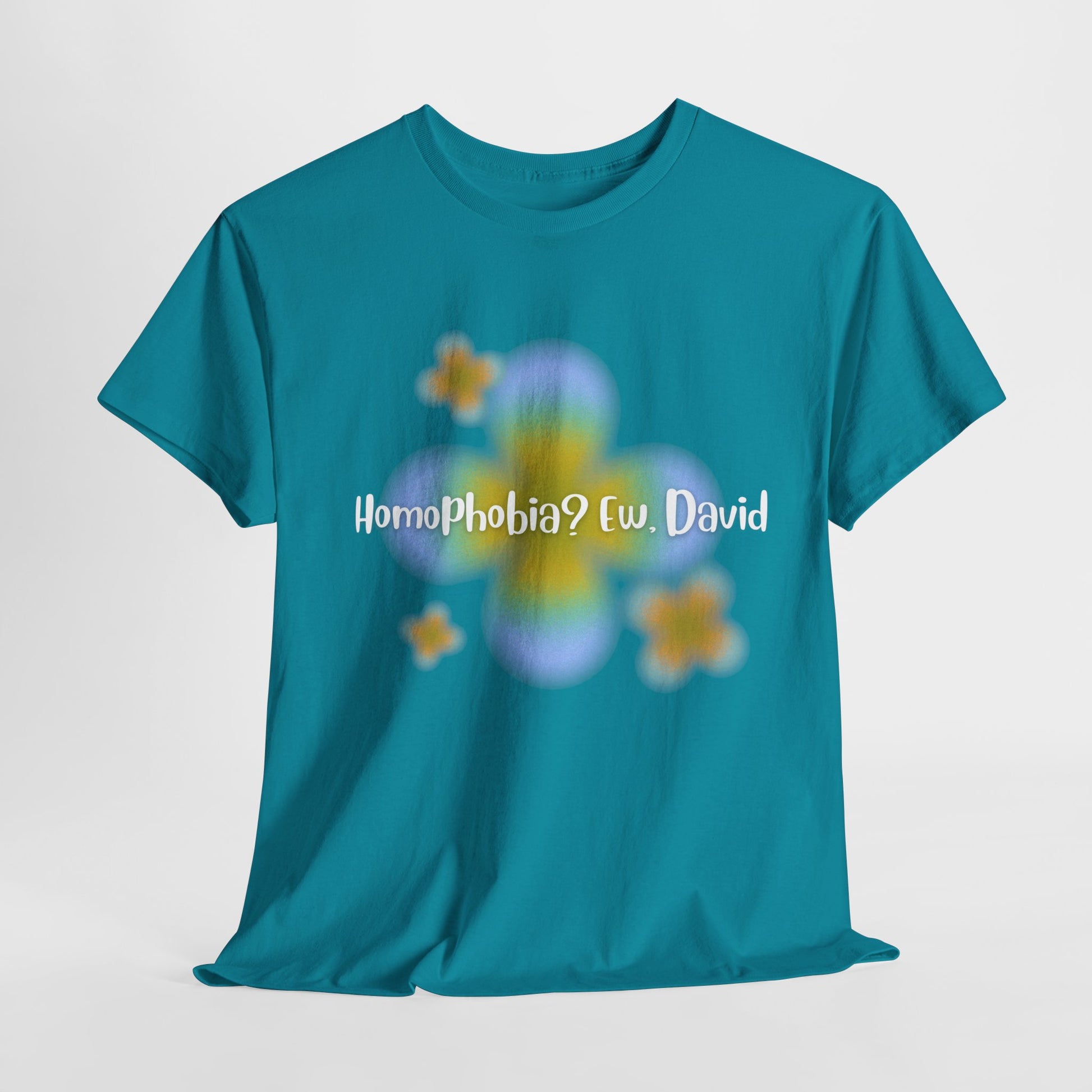 LGBTQ+ Humor Tee, "Homophobia? Ew David", Vibrant Unisex Heavy Cotton Tee