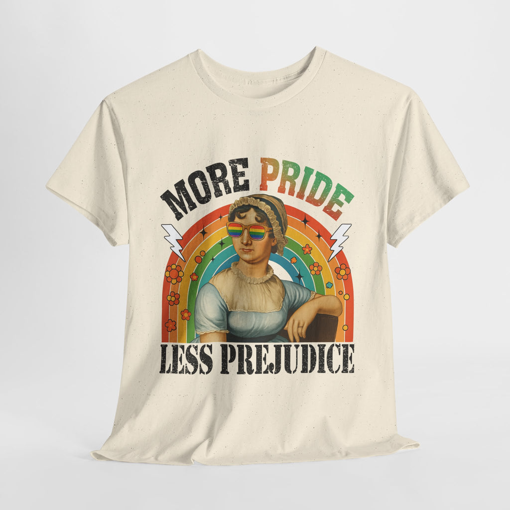 Pride T-Shirt, "More Pride Less Prejudice" Unisex Heavy Cotton Tee with Rainbow Design