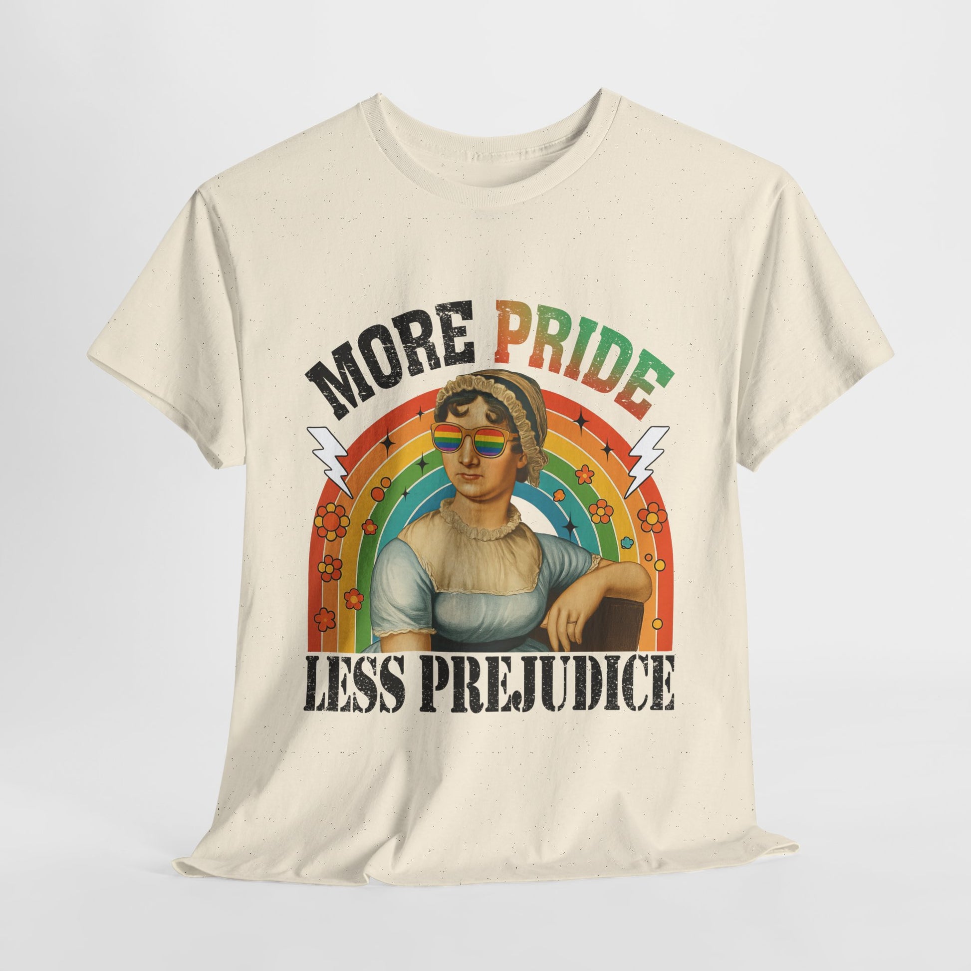 Pride T-Shirt, "More Pride Less Prejudice" Unisex Heavy Cotton Tee with Rainbow Design