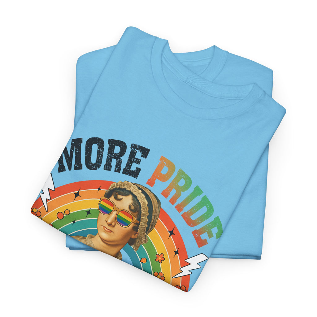 Pride T-Shirt, "More Pride Less Prejudice" Unisex Heavy Cotton Tee with Rainbow Design
