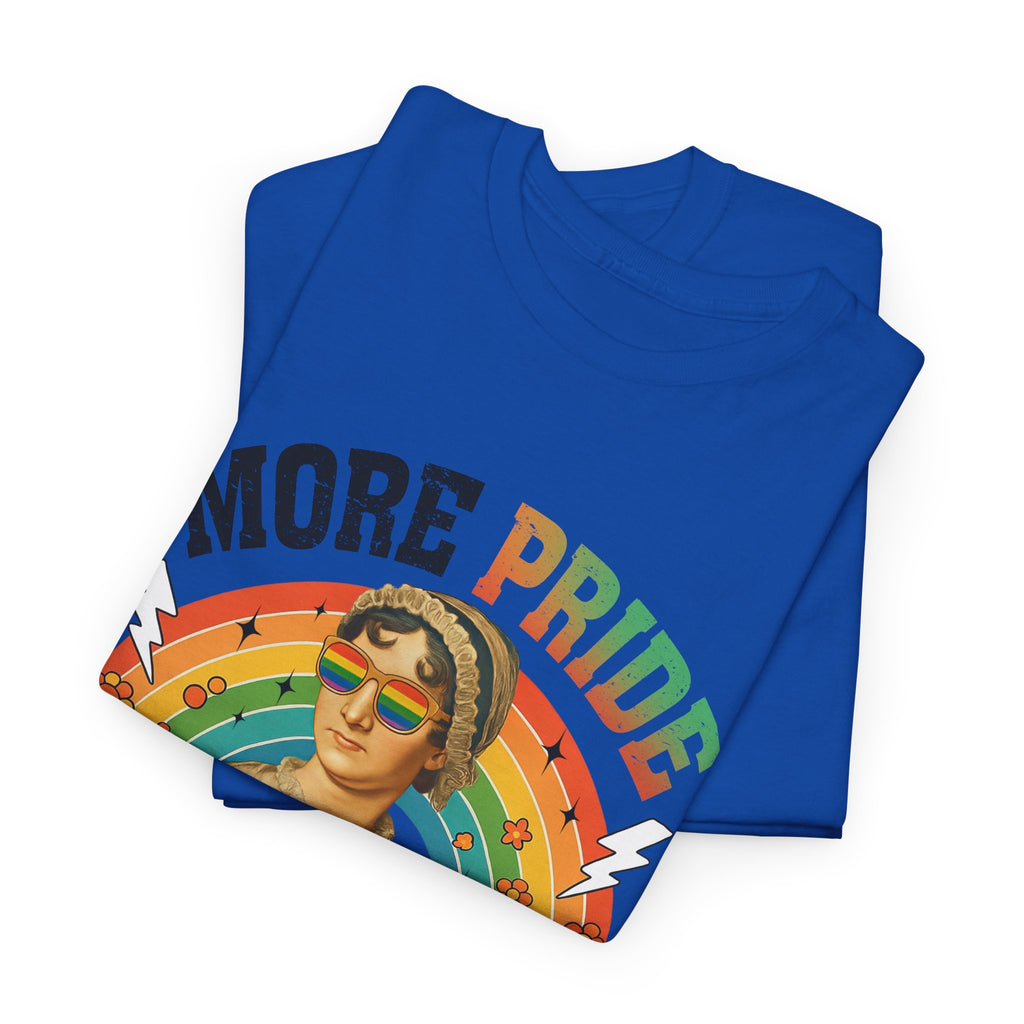 Pride T-Shirt, "More Pride Less Prejudice" Unisex Heavy Cotton Tee with Rainbow Design