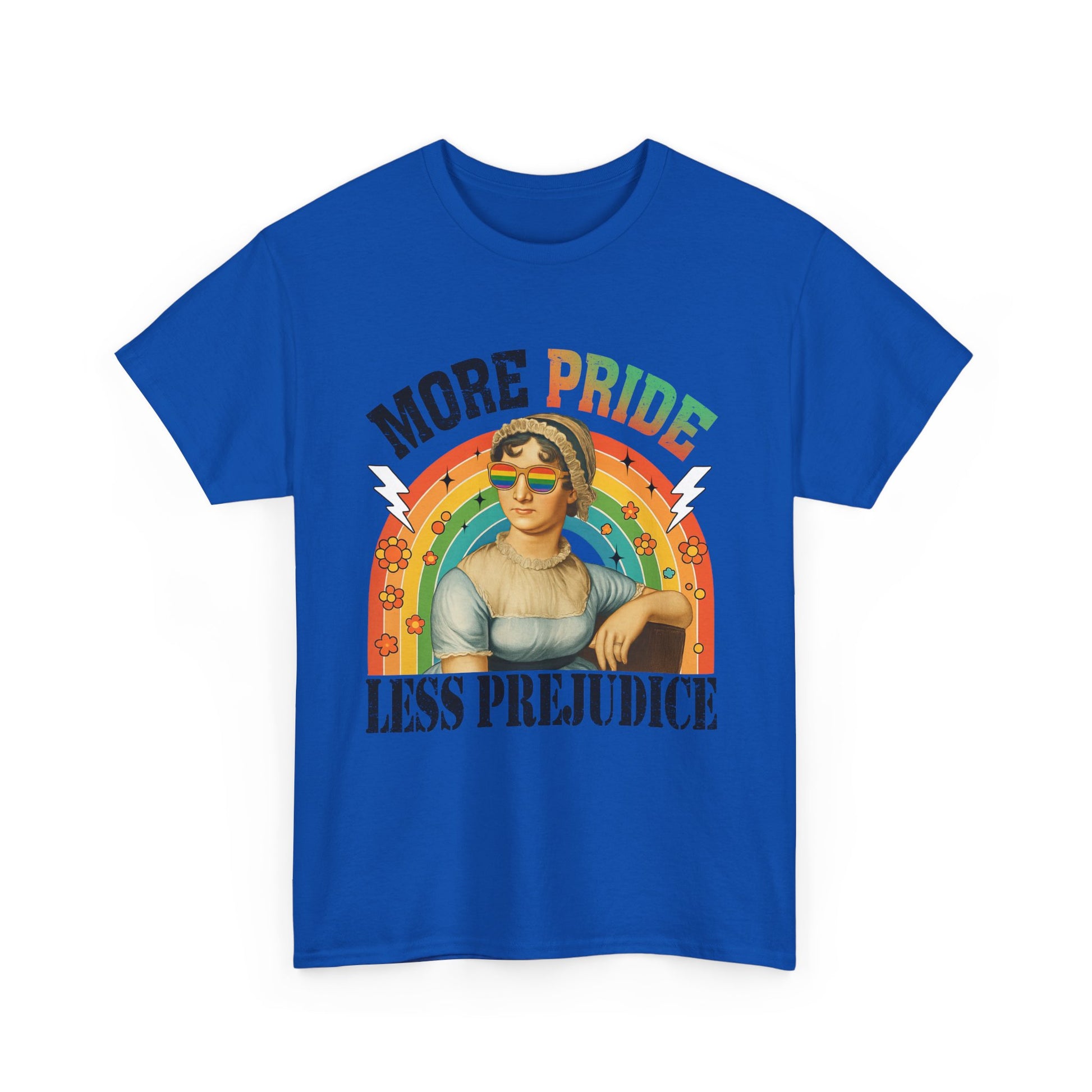 Pride T-Shirt, "More Pride Less Prejudice" Unisex Heavy Cotton Tee with Rainbow Design