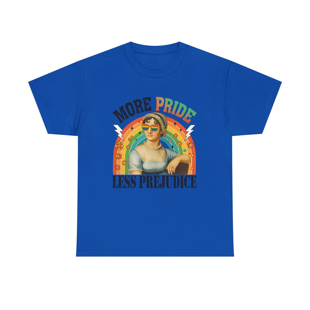 Pride T-Shirt, "More Pride Less Prejudice" Unisex Heavy Cotton Tee with Rainbow Design