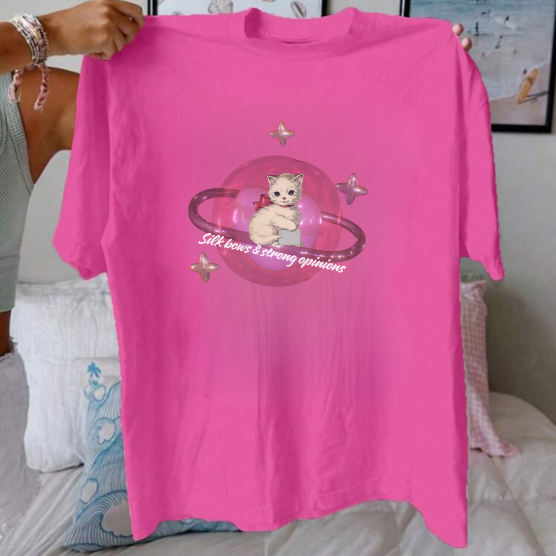 Cute Pink Spaceship Cat T-Shirt - Perfect for Pet Lovers & Cosmic Dreamers