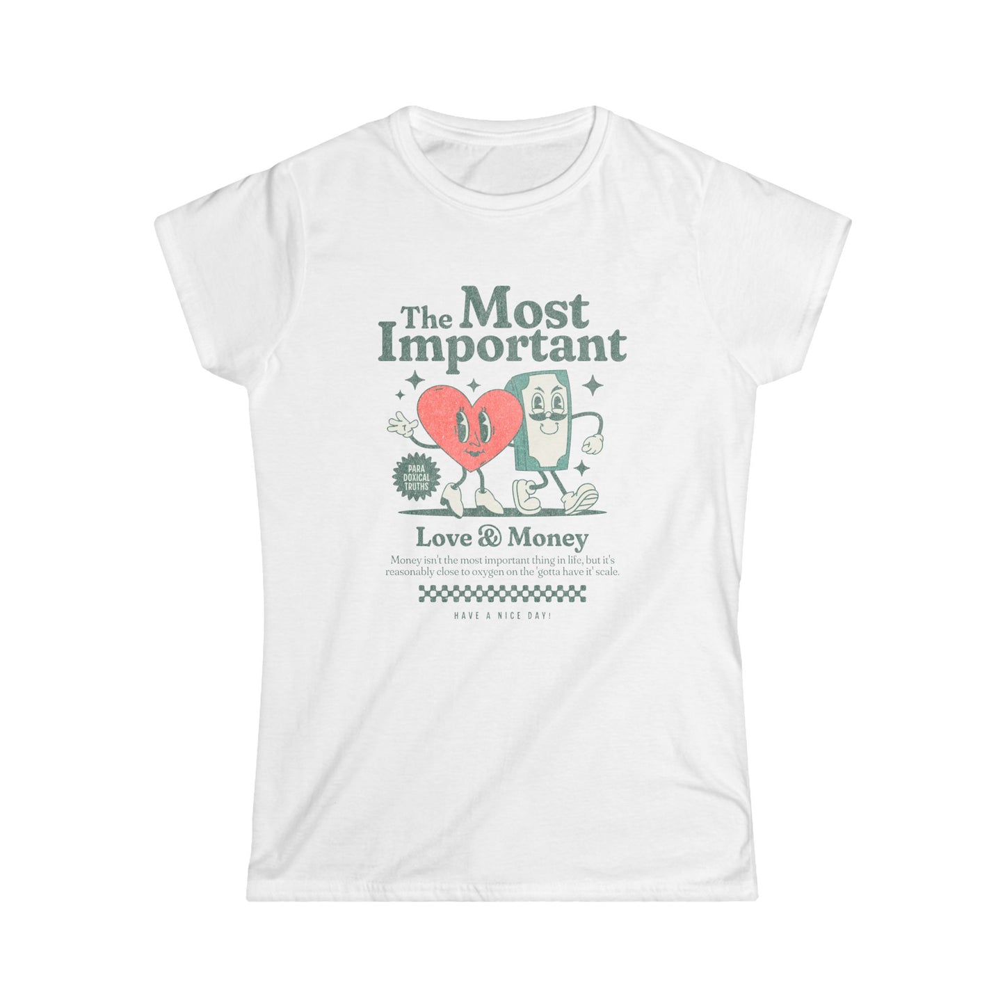 Women's Vintage Cartoon Tee - "The Most Important: Love & Money" Retro Shirt