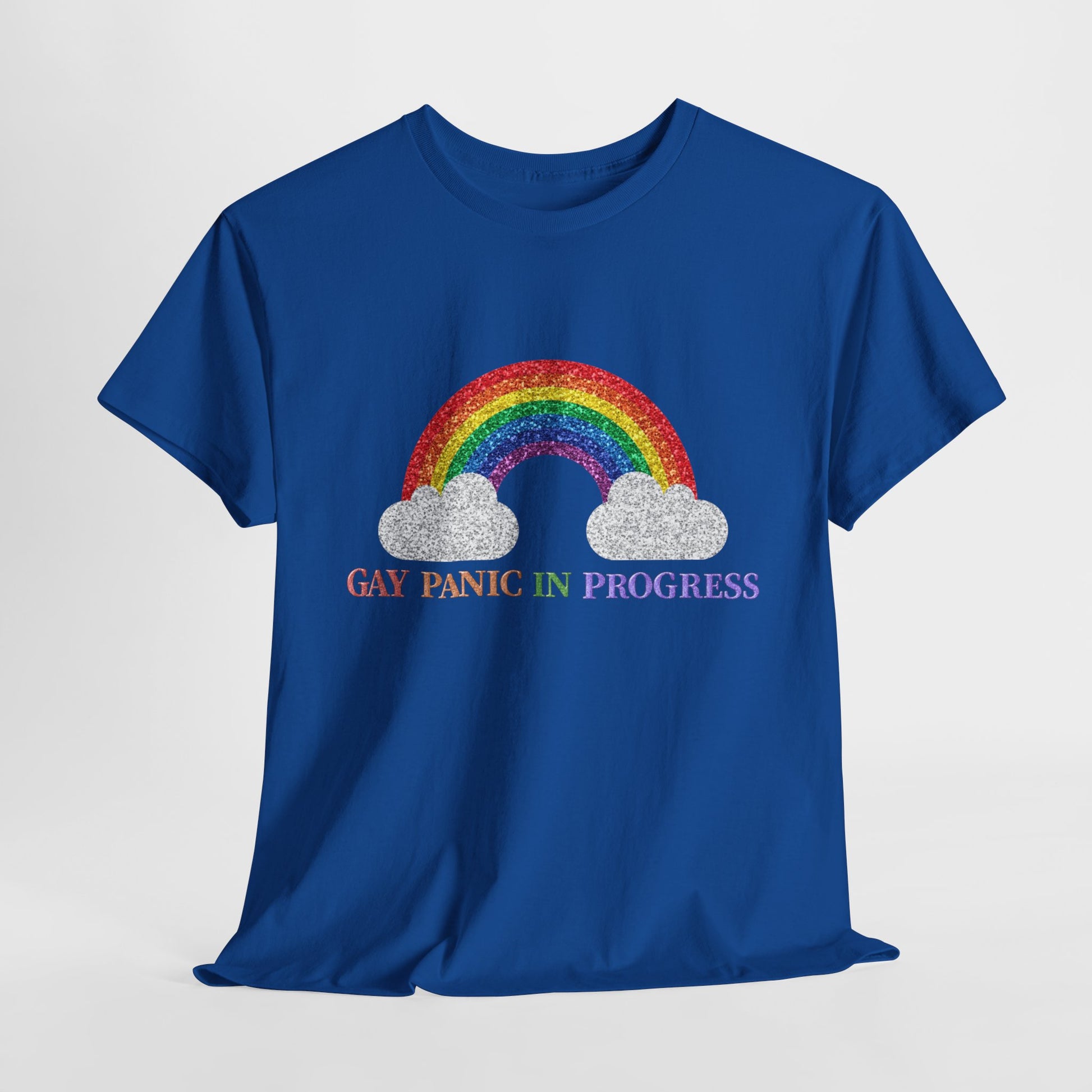 Unisex Heavy Cotton Tee with Rainbow Design - Celebrate Pride, Gay Panic in Progress T-Shirt