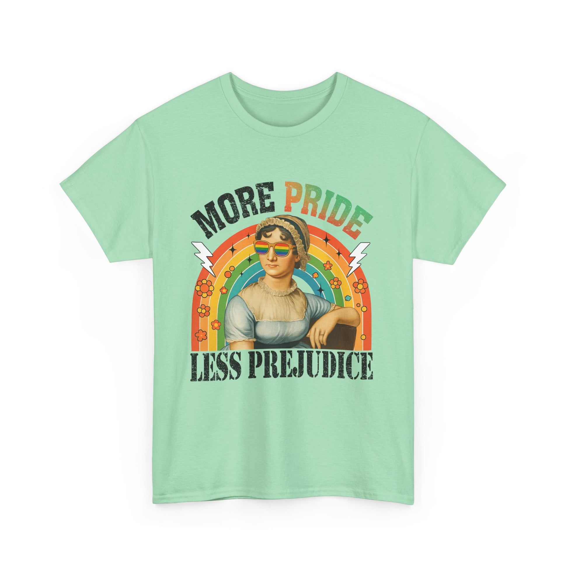 Pride T-Shirt, "More Pride Less Prejudice" Unisex Heavy Cotton Tee with Rainbow Design