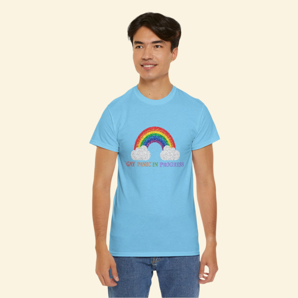Unisex Heavy Cotton Tee with Rainbow Design - Celebrate Pride, Gay Panic in Progress T-Shirt