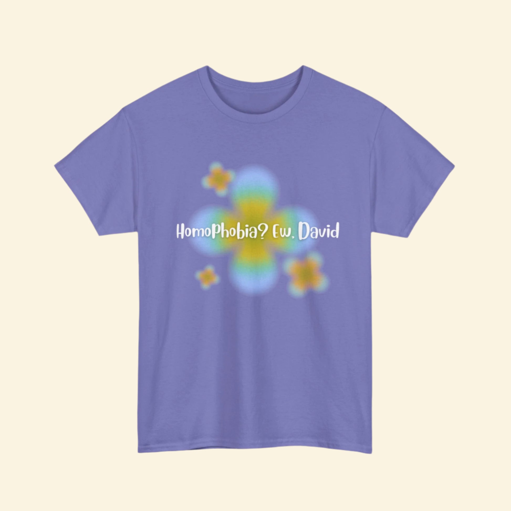 LGBTQ+ Humor Tee, "Homophobia? Ew David", Vibrant Unisex Heavy Cotton Tee