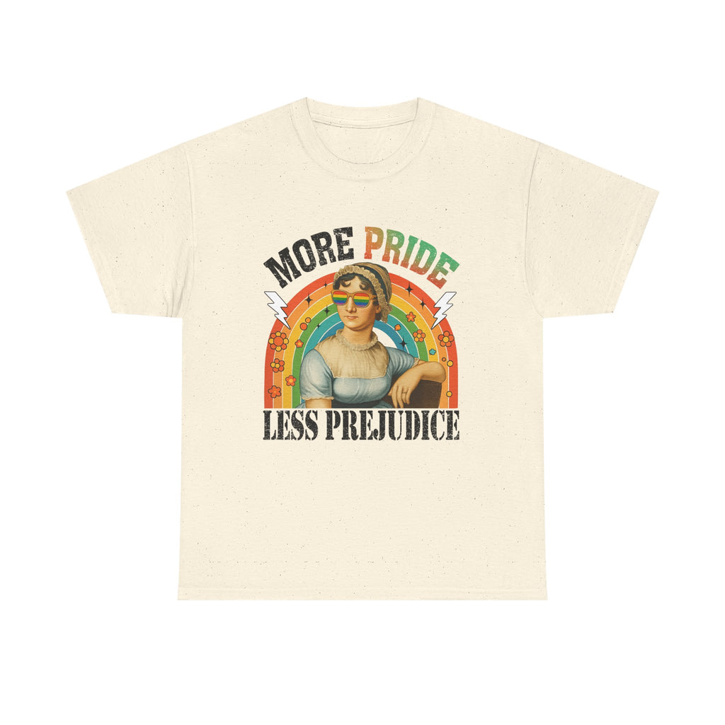 Pride T-Shirt, "More Pride Less Prejudice" Unisex Heavy Cotton Tee with Rainbow Design