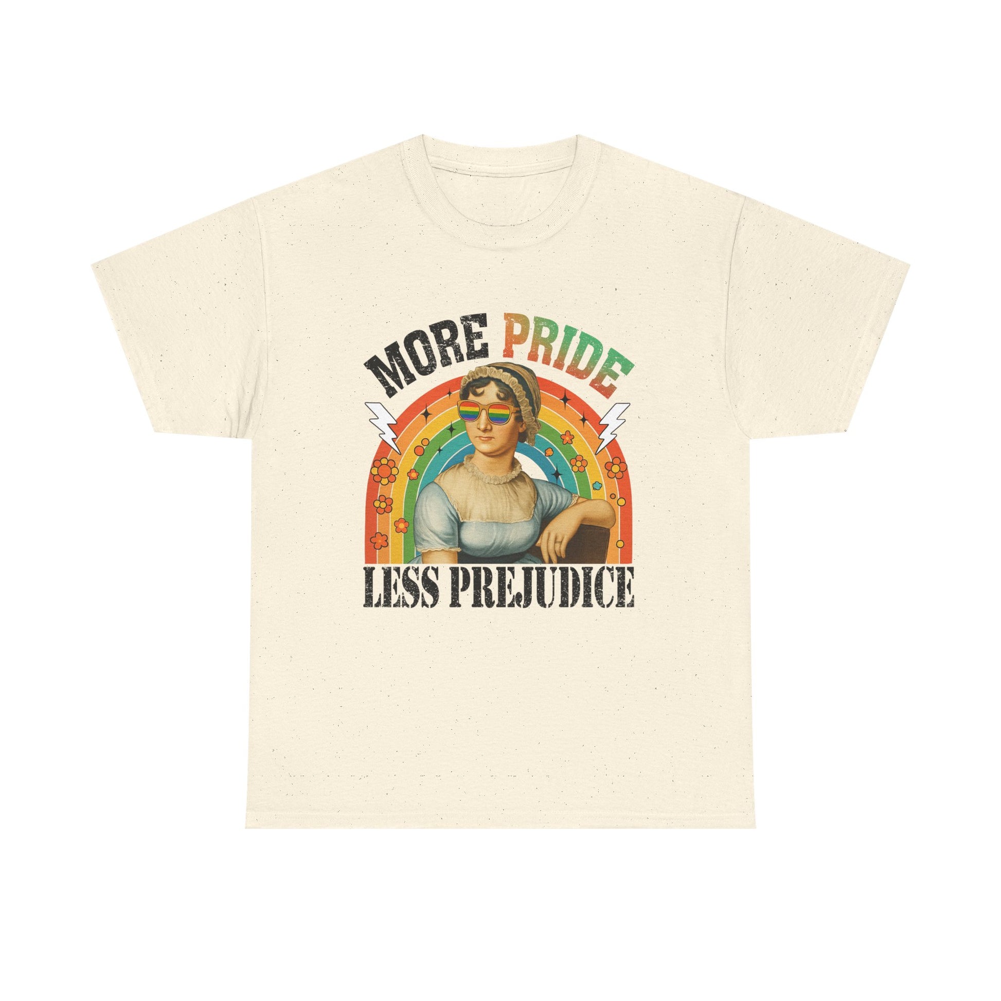 Pride T-Shirt, "More Pride Less Prejudice" Unisex Heavy Cotton Tee with Rainbow Design