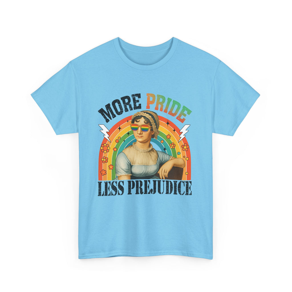 Pride T-Shirt, "More Pride Less Prejudice" Unisex Heavy Cotton Tee with Rainbow Design