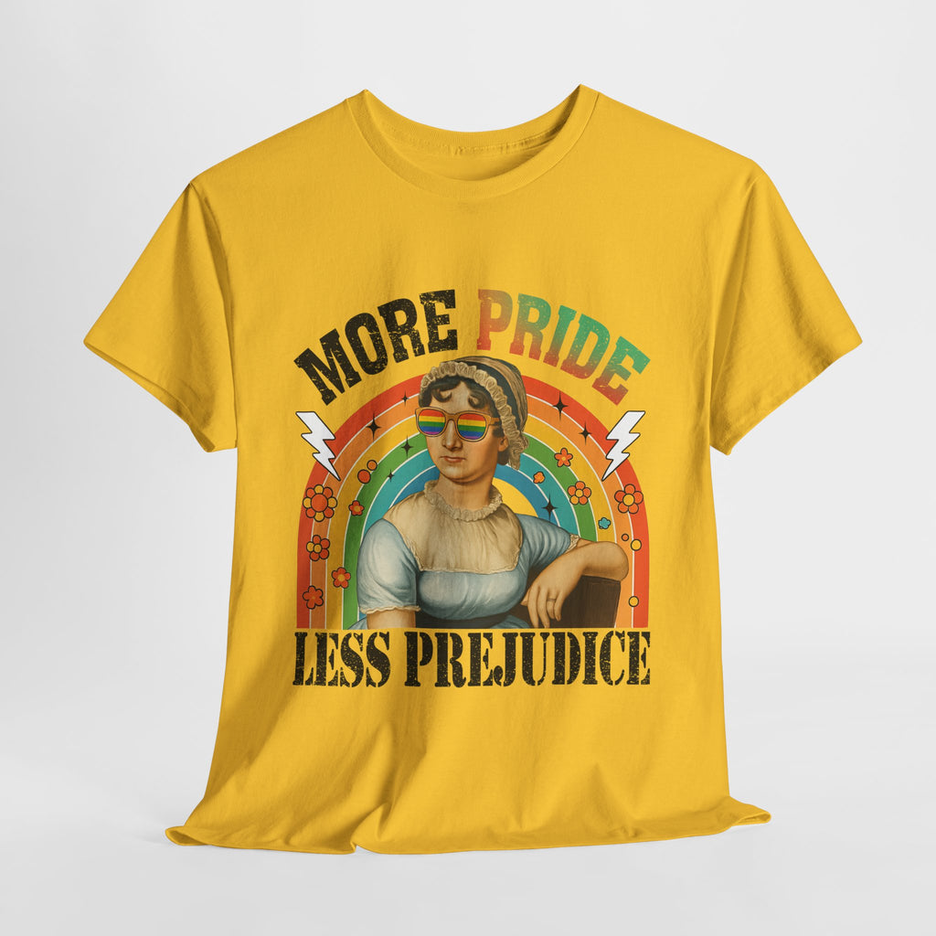 Pride T-Shirt, "More Pride Less Prejudice" Unisex Heavy Cotton Tee with Rainbow Design