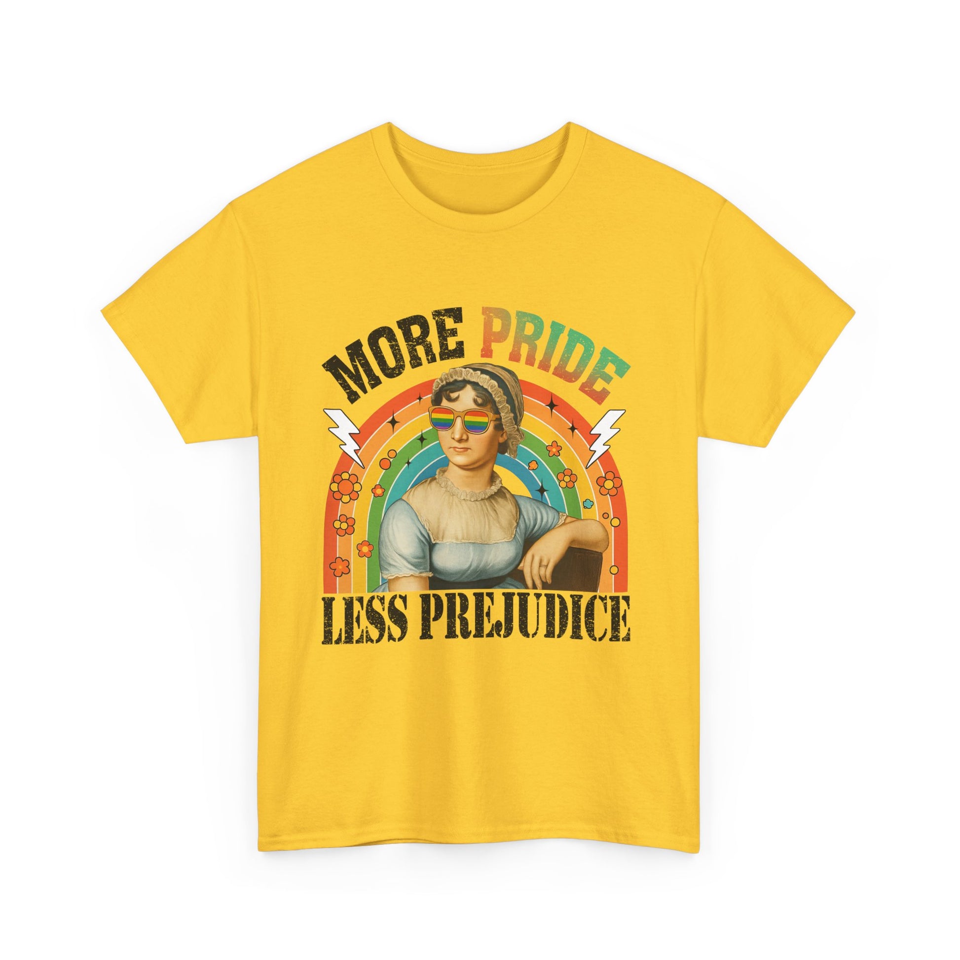 Pride T-Shirt, "More Pride Less Prejudice" Unisex Heavy Cotton Tee with Rainbow Design