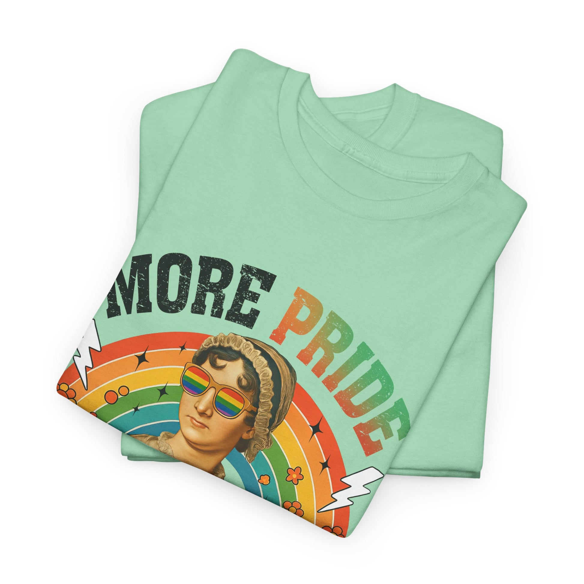 Pride T-Shirt, "More Pride Less Prejudice" Unisex Heavy Cotton Tee with Rainbow Design