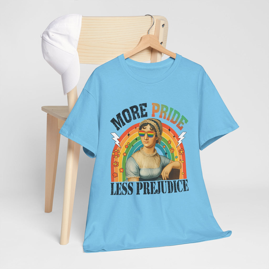 Pride T-Shirt, "More Pride Less Prejudice" Unisex Heavy Cotton Tee with Rainbow Design